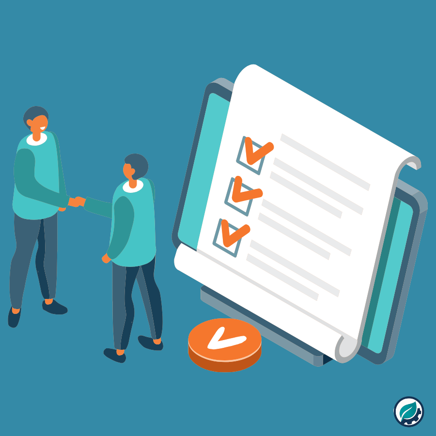 Client and consultant shaking hands with completed sustainability policy checklist showing small business requirements met